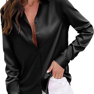 Womens Soft Satin Silk Leopard Button Down Shirts for Women Silky Long Sleeve Wo